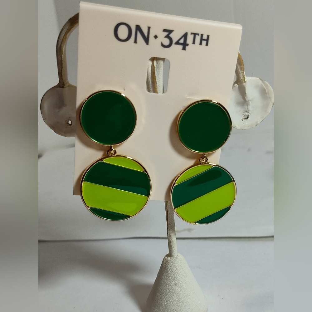 On 34th Striped Shades Of Green Enamel Earrings